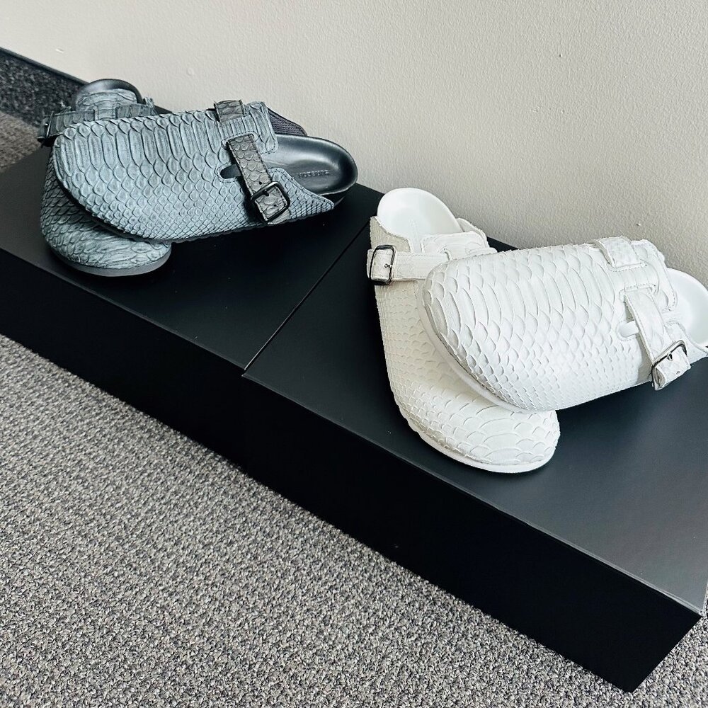 The Shoe Surgeon Mules (2 Pairs: Luxe White/Black Python) - Size 10M/11.5W